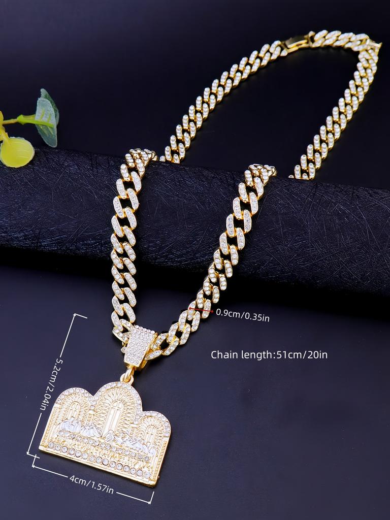 1 Piece 14K Gold Plated Hip Hop Punk Style Round Medallion Last Supper Pendant with Cuban Chain Cross Charm with Figaro Style