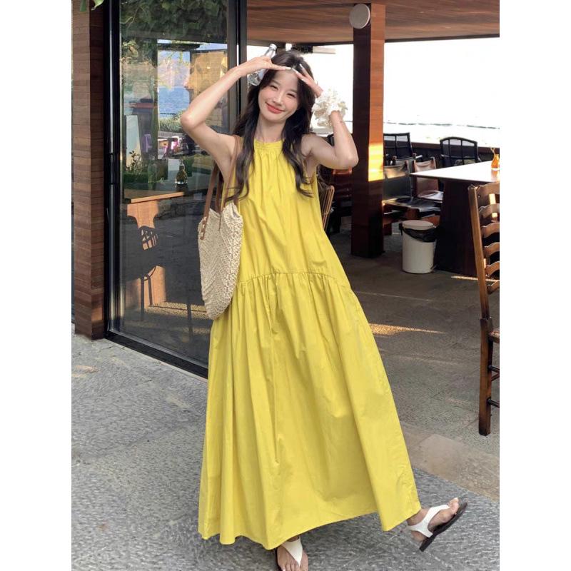 Elegant Yellow Sleeveless Halter Neck A-line Dress - Women's Retro Resort Style.