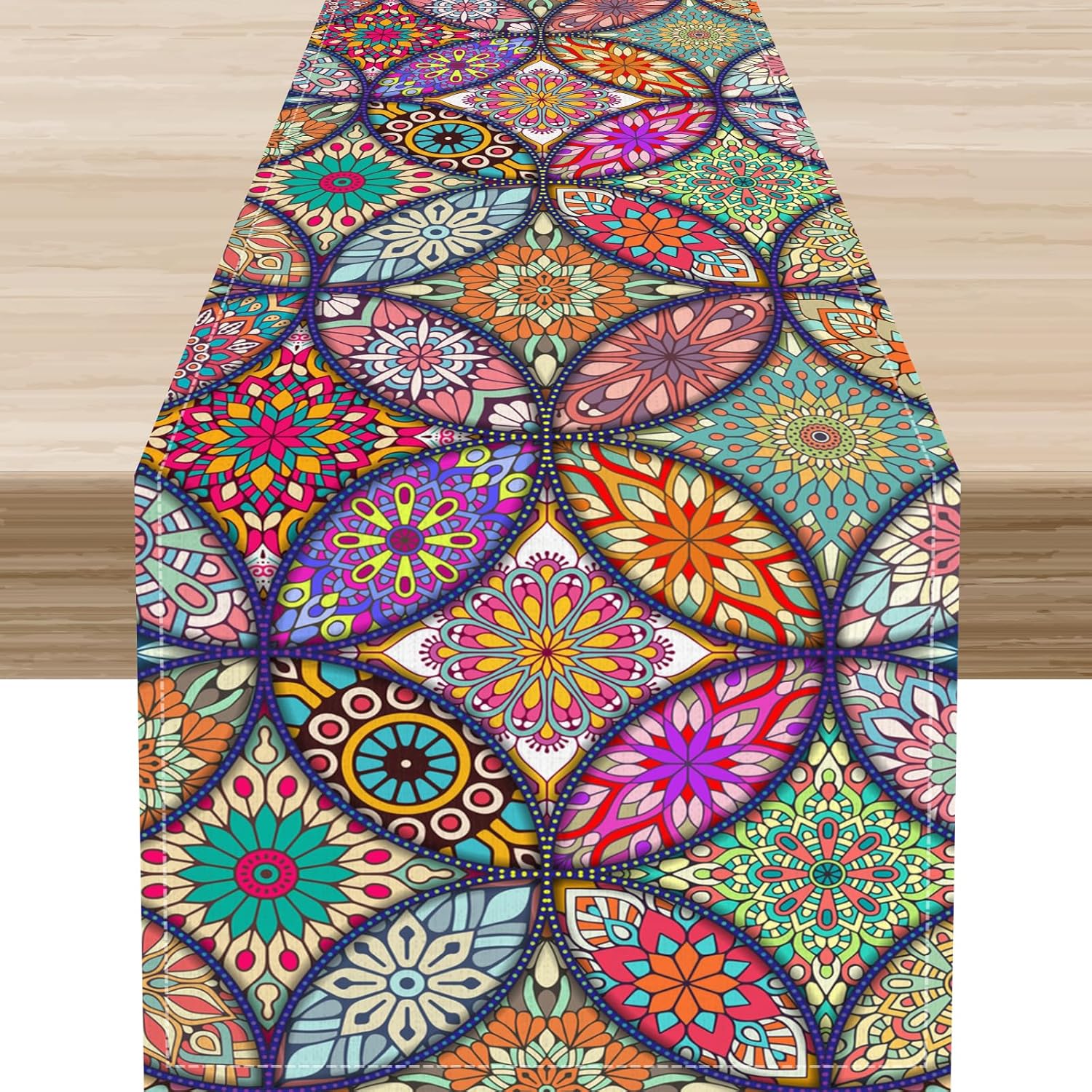 Chemin de table en lin motif fleur de mandala bohème Décoration de fête de fin d'année Chemin de table pour table de cuisine de ferme et de salle à manger Décorations de mariage 150x33cm