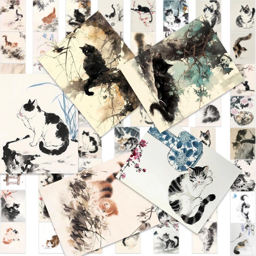 

60 Sheets Chinese Ink Painting Cat Journal - Cute Hand-Painted Notebook, PVC Waterproof GKTZ015