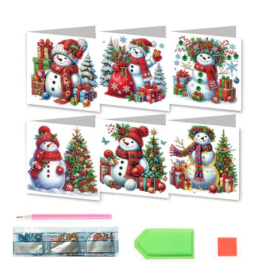 6 Pcs DIY Rhinestone Art Painting Cards Christmas Greeting Card Making Kit with Envelopes 5D Snowman Cat Deer Rhinestone