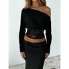 Fashion Lace Splicing Slim Waist T-shirt Spring Autumn Crop Tops Women's Long Sleeve Sweet Blouse Off-Shoulder Loose Elegant Sexy Slim-Fit Casual Tops