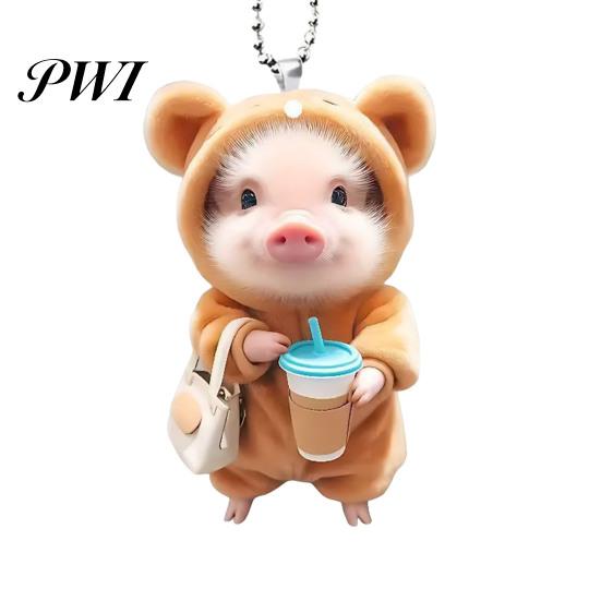 Pig Hanging Ornaments Acrylic Cartoon Decoration with Bead Chain Car Rearview Lifelike Mirror Ornament Keychain Backpack Animal Pendant Birthday Gift