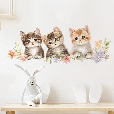 Cartoon Cute Three Kittens Wall Sticker Kids Room Living Room Wall Decoration Self-Adhesive Home Decor