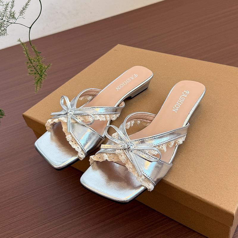 2025 summer new gentle fairy low heel cool slippers women's casual with skirt bow open toe fashion women's shoes