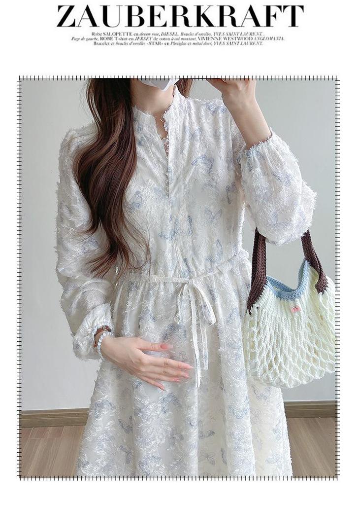 Hepburn Style Butterfly Jacquard Maternity Dress - High Quality, Long Sleeve, Early Spring 2026 Collection