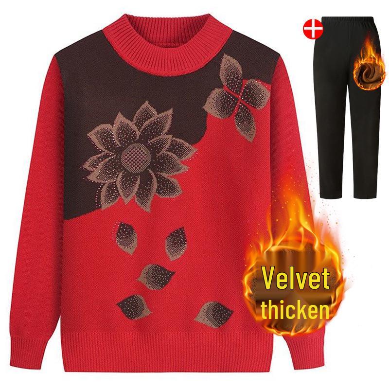 Plus Size Knitted Sweater for Women: Thickened Velvet Autumn and Winter Coat for Middle-Aged & Elderly