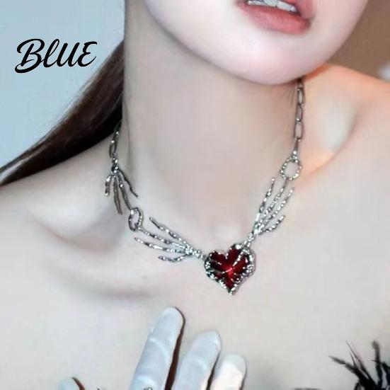 Chain Necklace Women Red Rhinestone Heart Pendant Skeleton Hand Shape