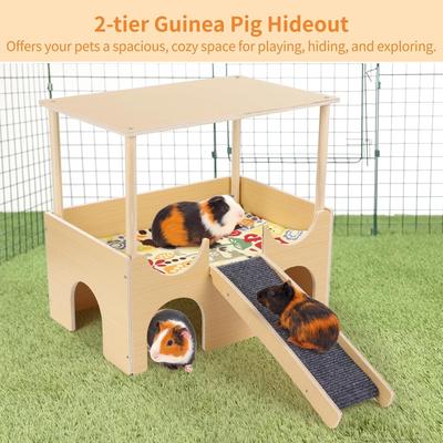 Large Wooden Guinea Pig Hideout, 2-Tier House with Non-Slip Stairs & Cushioned Pads