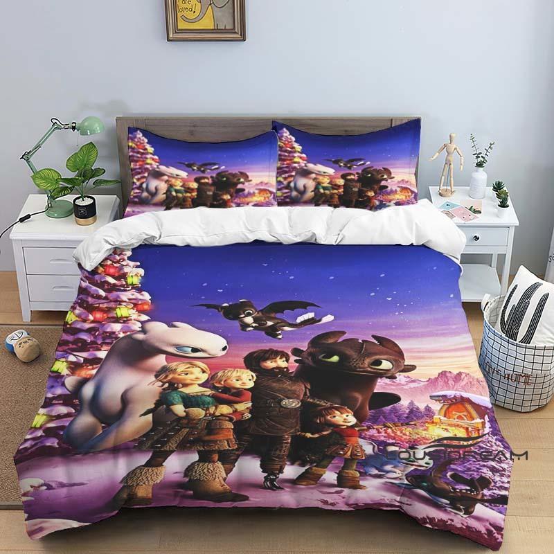 "How To Train Your Dragon" Cartoon-Print 3-Piece Bedding Set — Duvet Cover & Pillowcases (Suitable for Teens & Children — Boys &