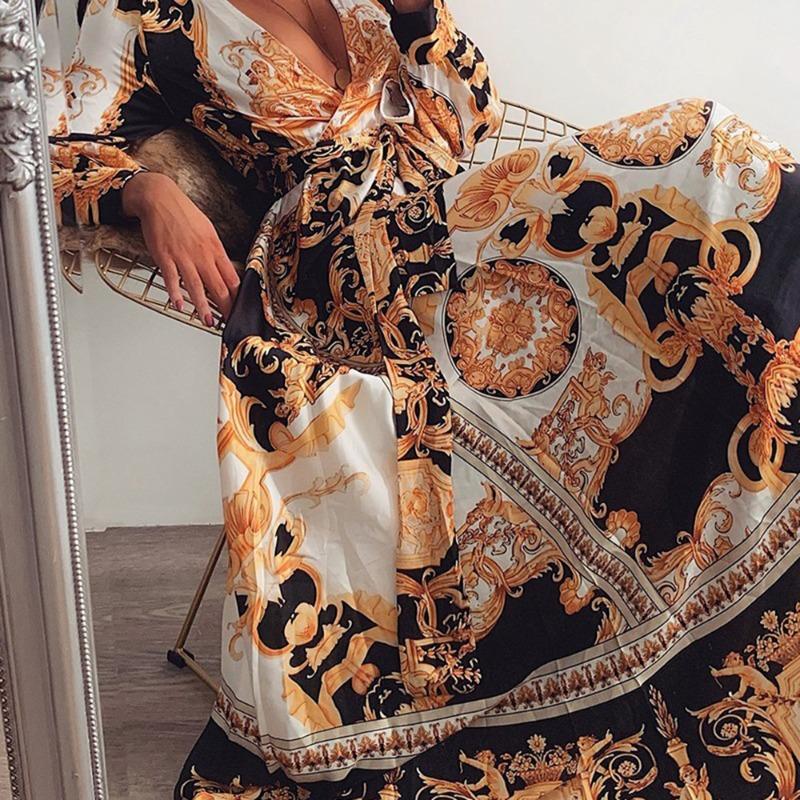 Evening Dress Printed Dress V-neck Pullover Retro Long-sleeved Big Swing Split Skirt