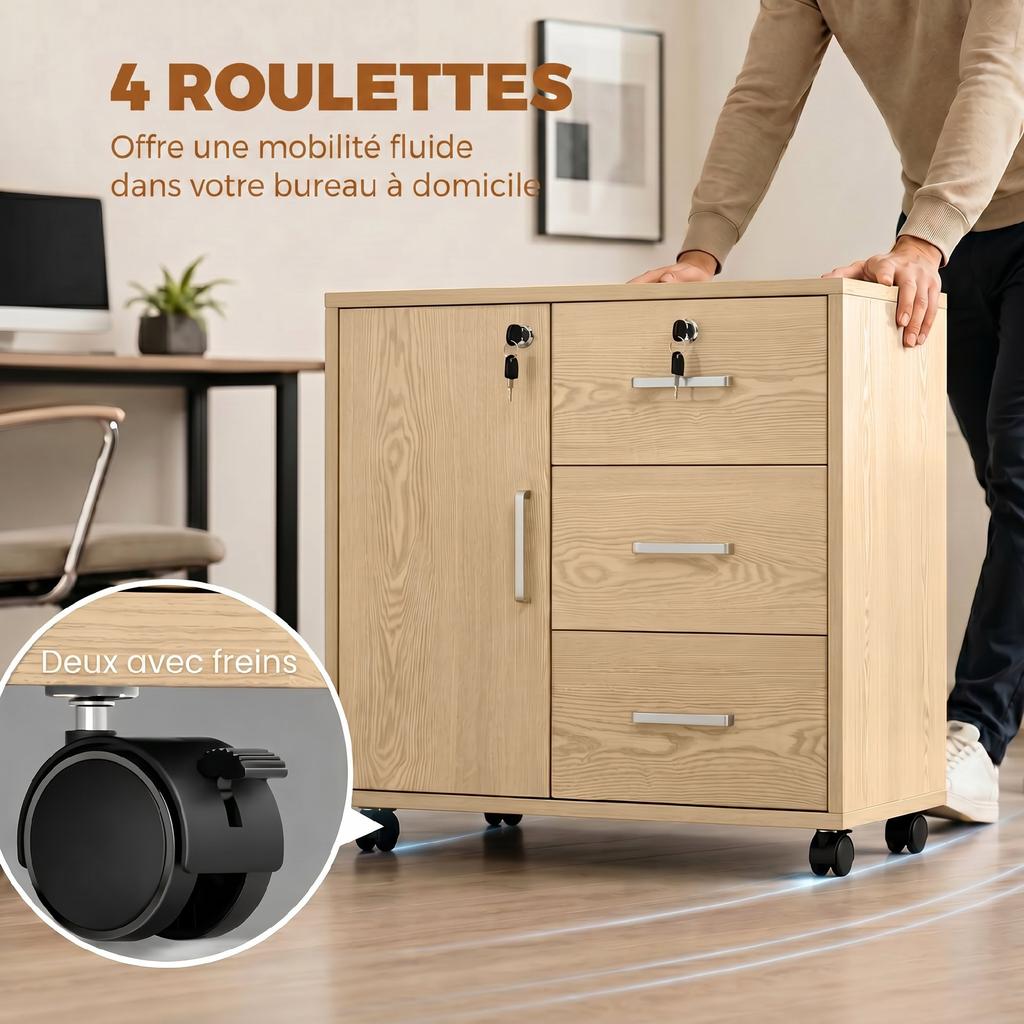 Office Cabinet, Lockable Storage, 3 Drawers, Adjustable Shelf, Casters, 40 x 60 x 56 cm, Light Brown