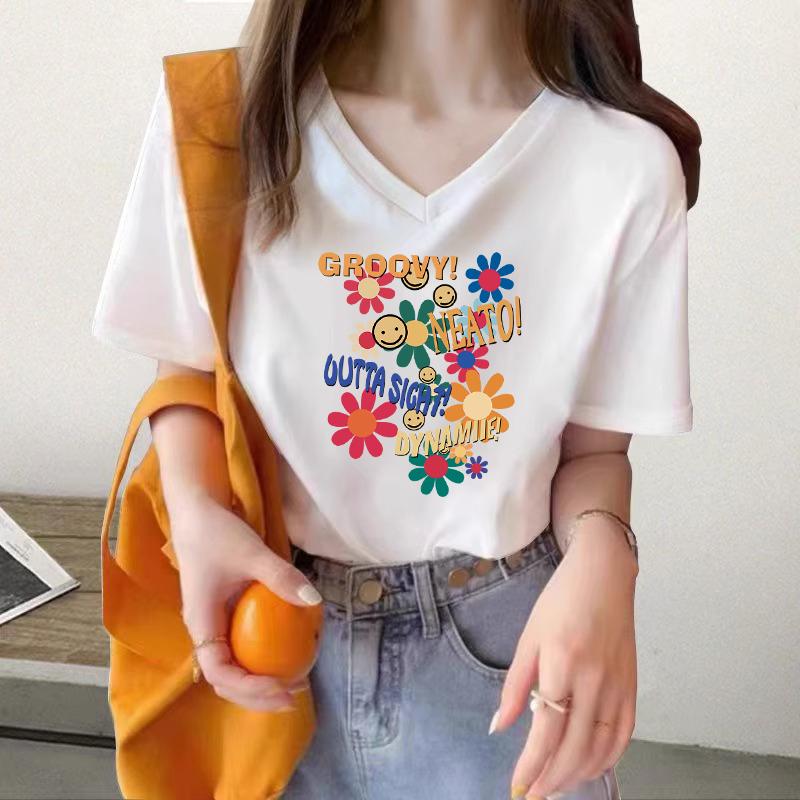 

White T-shirt women s short-sleeved v-neck 2025 new summer front shoulder loose cotton chicken heart collar design top S
