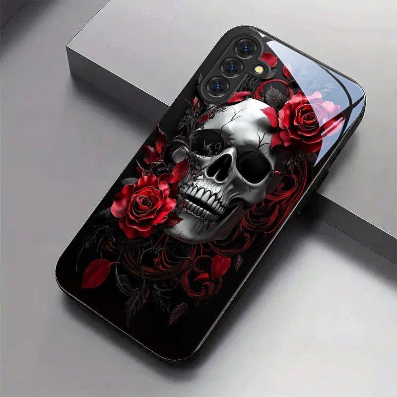 Red Rose Skull Pattern Tempered Glass Phone Case Suitable for Samsung Galaxy S26 S25 S24 S22 S21 S20 FE Ultra Plus5G Anti Drop