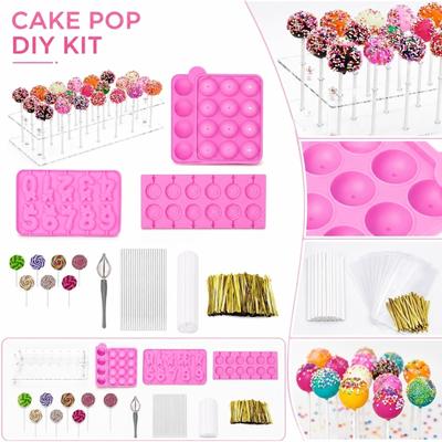 Cake Pop Lutscher Herstellungsset mit Silikonformen, Zahlenformen, Stäbchen, Verpackungen, Twist-Bindern und Dekorierwerkzeug für DIY Schokoladenbonbons