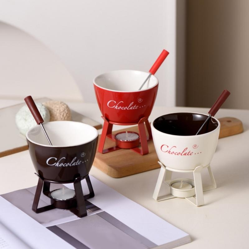 Fondue Pots Set Tealight Porcelain Melting Pots for Cheese Chocolate Butter Caramel Ceramic Butter Warmers Set with Fork