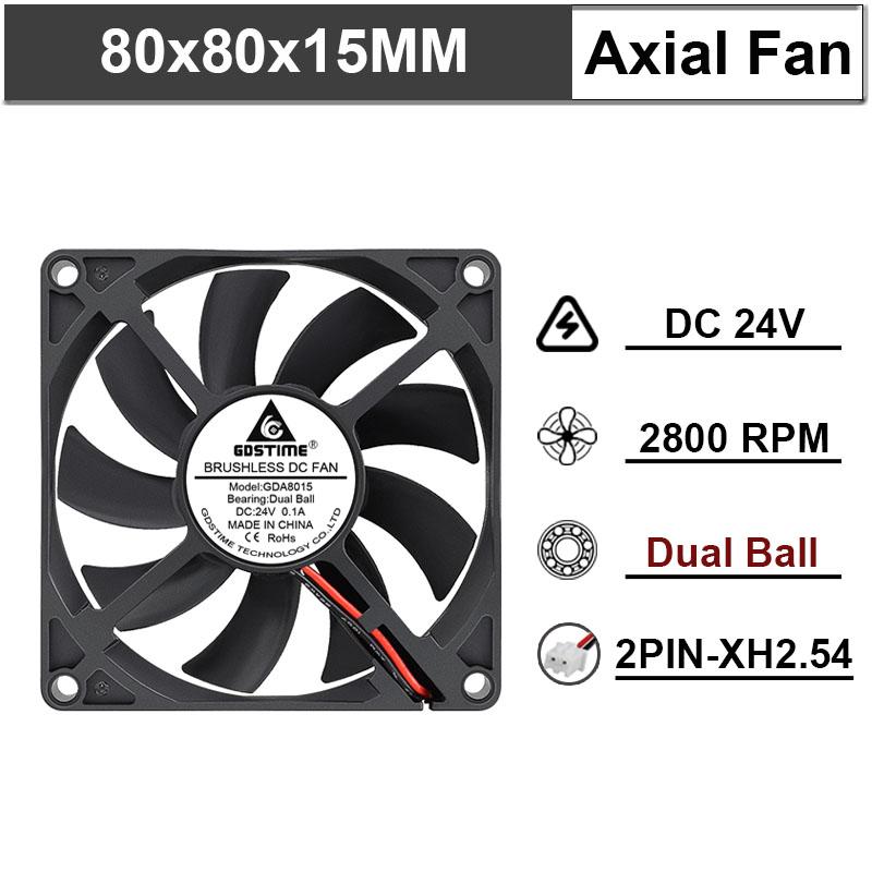 Gdstime 1 Piece DC 12V 24V 80mm x 15mm Dual Ball Bearing PC Case DC Cooling Fan 80x80x15mm 8cm 8015 Mute Radiator Cooler 2 Pin