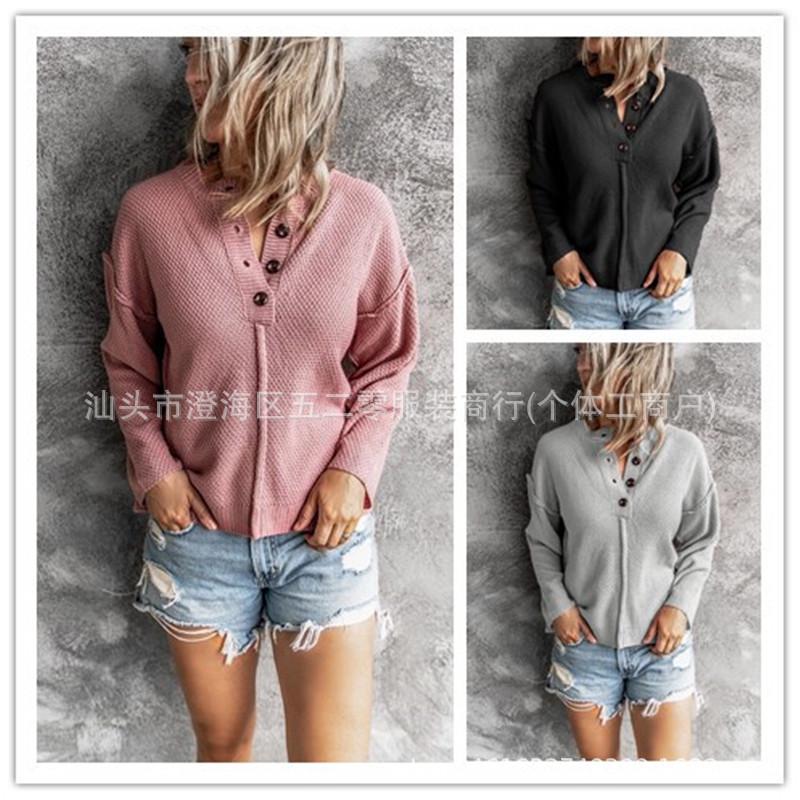 European/American Cross-border Autumn/Winter Women's Casual Round Neck Single-Breasted Loose Knitwear with Reverse Stitching.