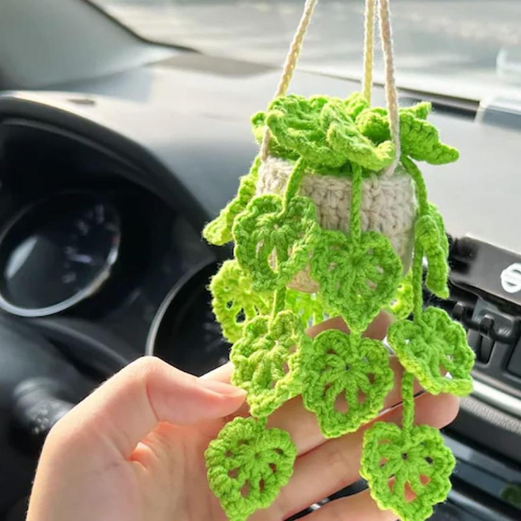 Crochet Hanging Plant for Car, Cute Car Plant Accessories, Knitted Plant Car Mirror Hanger, Boho Car Plant Crochet Hanging Basket (A)