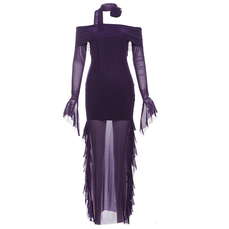 Autumn Women's Solid Color Slim-fit Fashion One-line Collar Long-sleeved Slit Dress