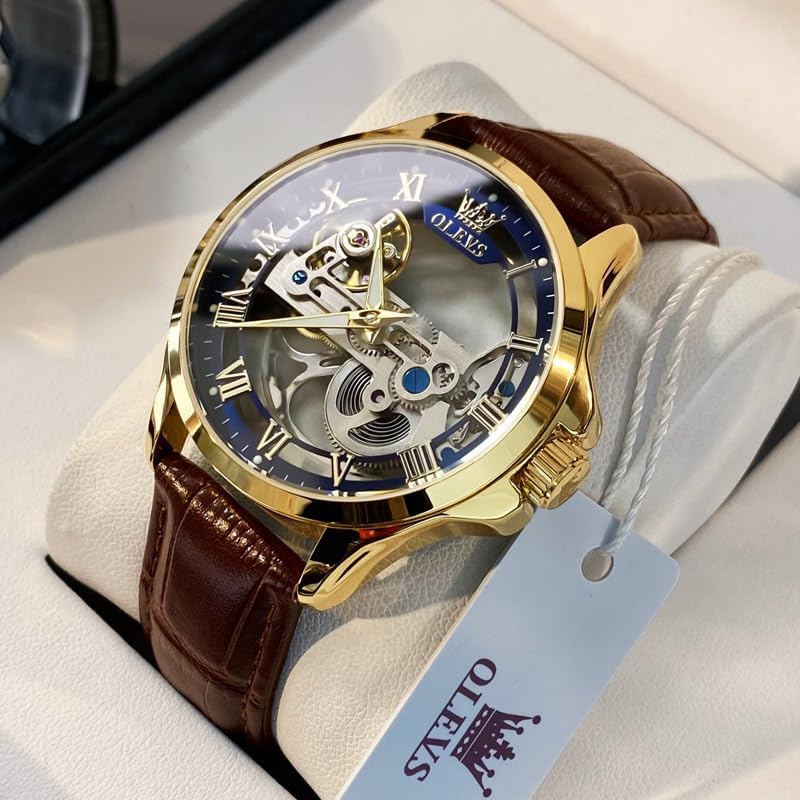 OLEVS Mechanical Automatic Manual Winding Watch with Clear Skeleton Leather Fashionable and Stylish Leather Watch with Luminous Waterproof and