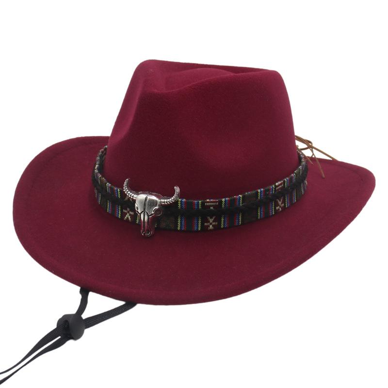 Metal Bull Head Tibetan Ethnic Style Top Hat Windbreak Rope Western Cowboy Jazz Top Hat European And American Felt Hat
