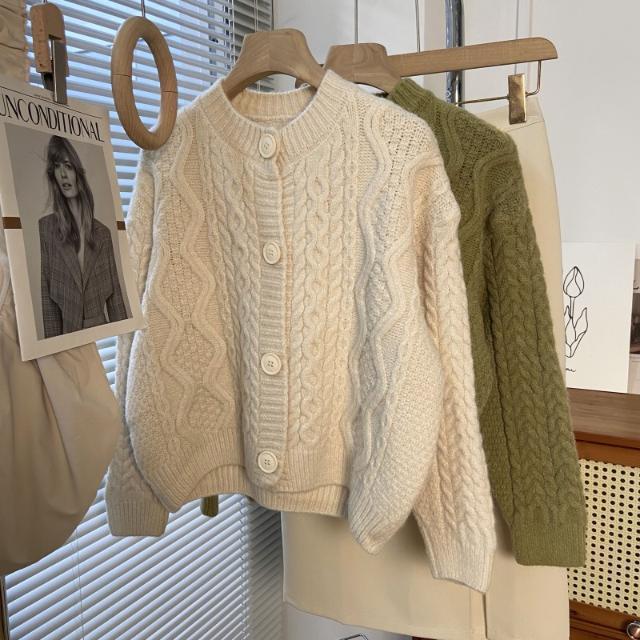 

Корейский осенний ретро толстый ленивый свободный короткий свитер-кардиган с круглым вырезом и вязанием «косы» для женщин L