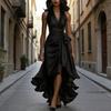 Rochie de Bal Scurtă Satinată cu Volane pentru Femei, Fără Mâneci, Decolteu în V, Halter cu Șnur în Talie, Rochie Midi, Rochie de Cocktail pentru Nuntă, Invitat la Petrecere