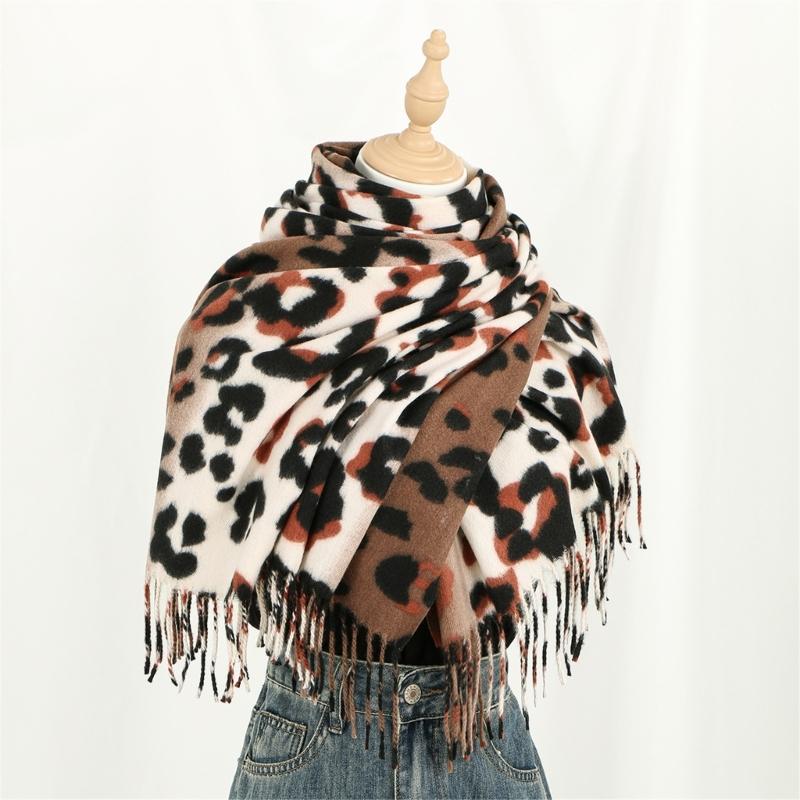 Leopard Print Fringe Cashmere Scarf Shawl For Women Soft Warm Winter Fashion Accessory Lightweight Warm Wrap