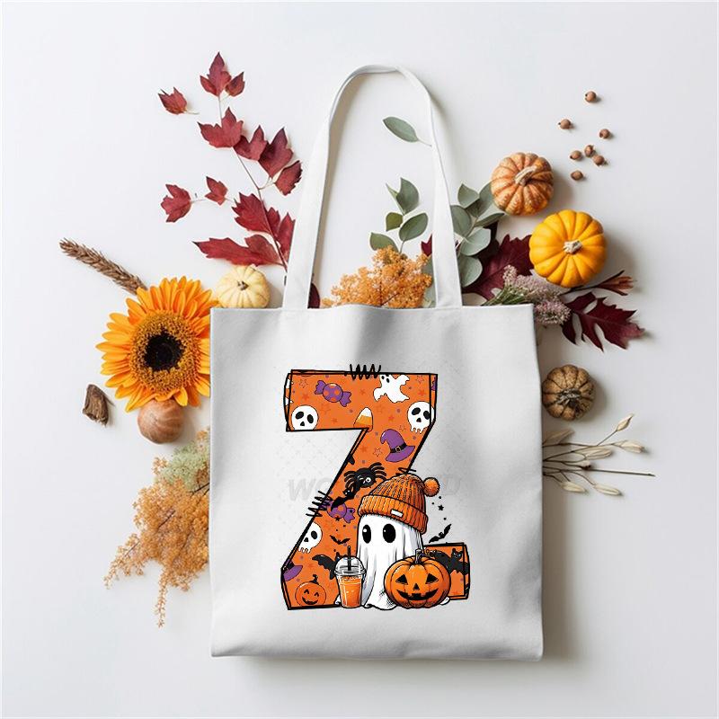 Halloween 26 Letter Cartoon Print Peripheral Student Tote Bag Large Capacity Canvas Bag