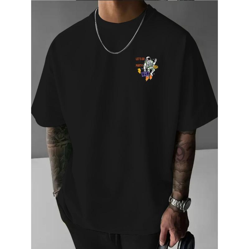 European Size Fashion Trendy Astronaut Futuristic Space Party Creative Front-Back Print Heavyweight Rebellious Pure Men'S Short Sleeve T-Shirt