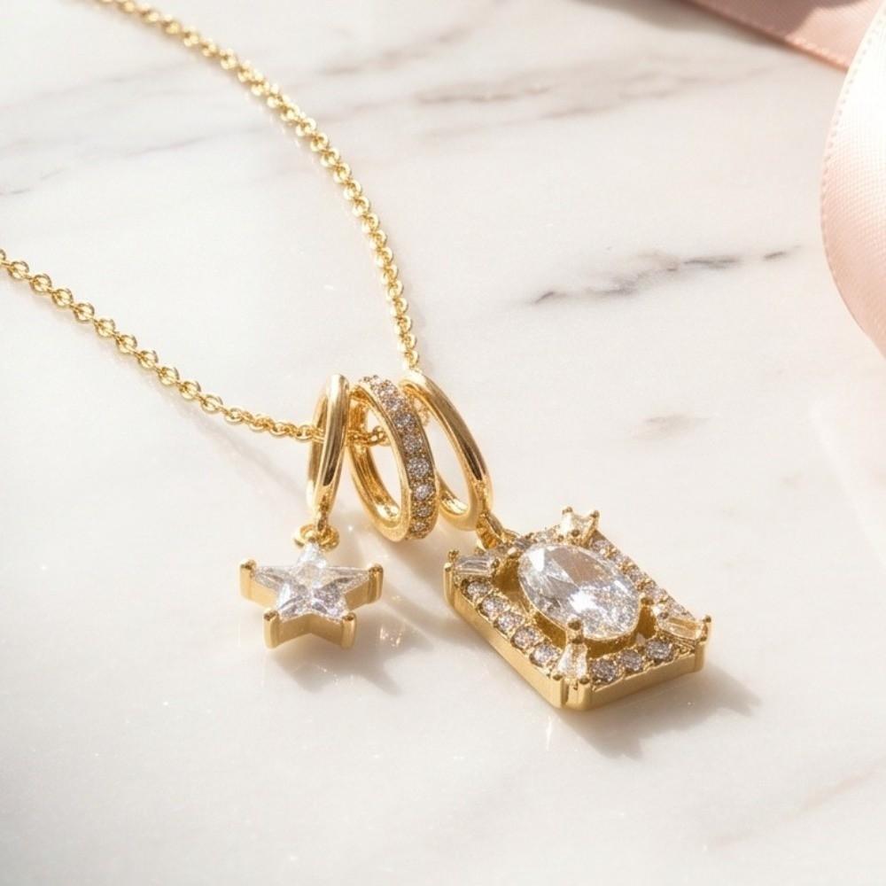 Charm Star Pendant Necklace Decoration Zircon Collarbone Chain Vintage Square Necklace  Girls