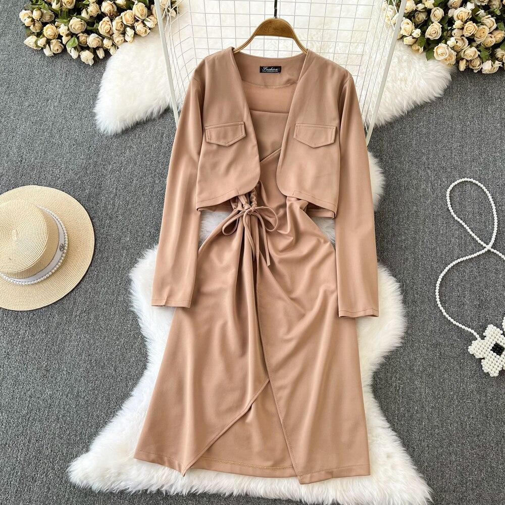 Fashion Suit Female Casual High Waist Short Solid Color Suit Jacket Two-Piece Set Halter Slit Pull Rope Dress Autumn