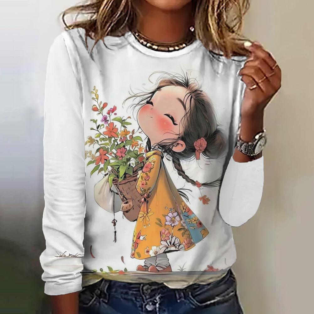Women's T-Shirt Top Long Sleeved Pullover Fashion Little Girl Print Street Round-Neck Tee Shirt Female Everyday Loose Clothing