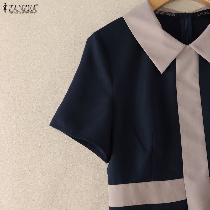 ZANZEA Women Casual Splice Turn Down Collar Loose Short Sleeve Dress