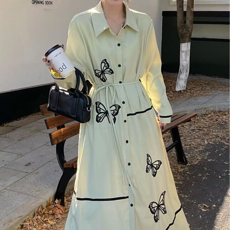 Robe chemise midi brodée papillon rétro style ethnique ample à lacets boutonnage simple robe décontractée nouvelle mode vêtements pour femmes