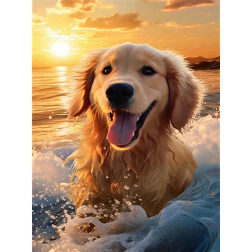 

5D Dog Seaside Diamond Painting Art Painting Set, DIY Crystal Diamond Embroidery Craft Decoration Wall Decoration Mural Gift Round 20x30cm