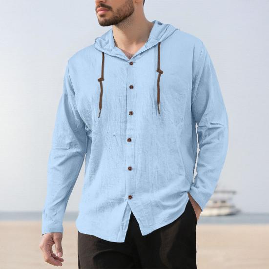 Camisetas para Hombre con Capucha Cordón Manga Larga Botones Tapeta Camisa Tops Color Liso Corte Regular Casuales Viaje Oficina Uso Diario