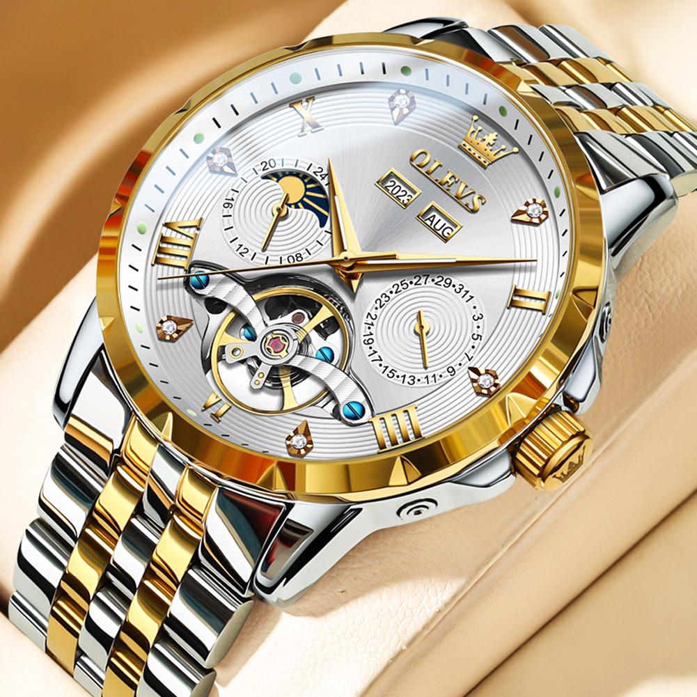 OLEVS Multifunctional Tourbillon Mechanical Men's Watches Water Resistant Automatic Self-Wind Skeleton Watch Men Relojes