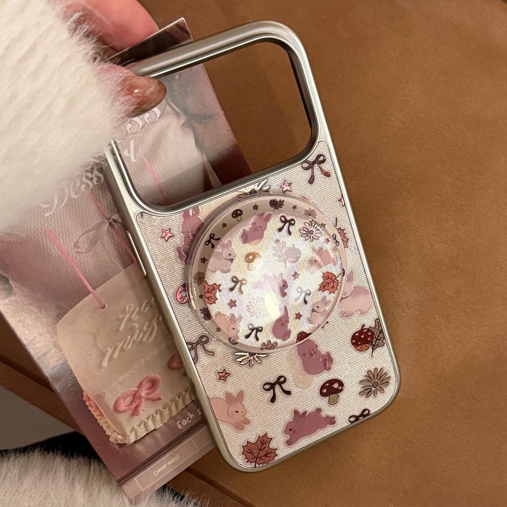 Silver-edged gilded bunny iPhone 17 Pro Max phone case with magnetic stand for iPhone 16, compatible with Huawei P70