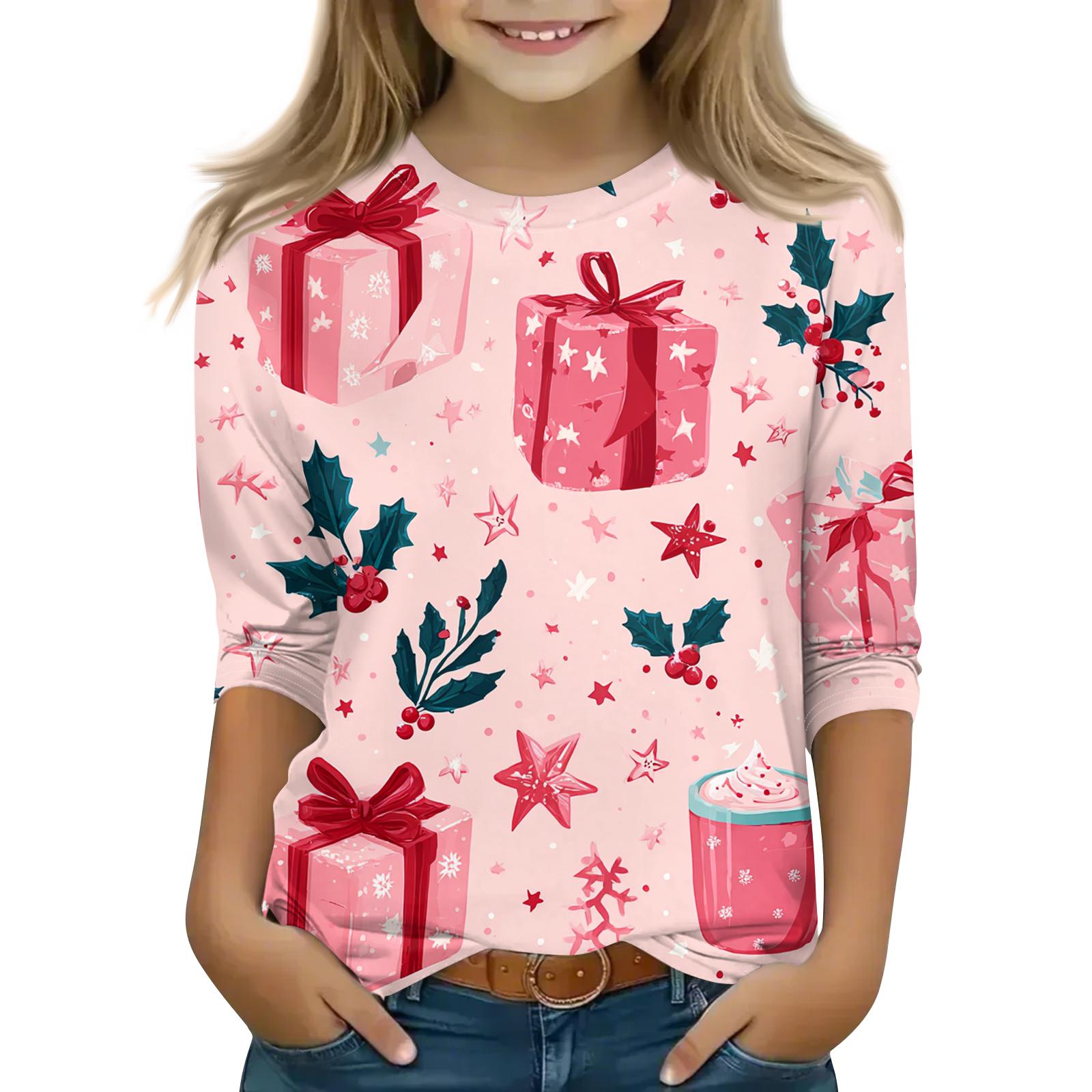 

Children s 3/4 Sleeve Round Neck Top Christmas Tree Printed Everyday Casual Top 140 розовый