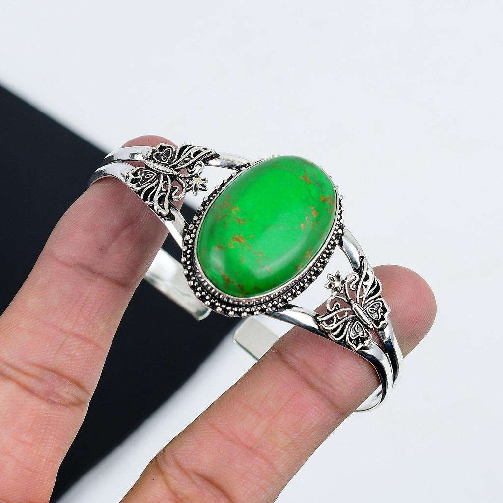 Natural Green Turquoise Gemstone Handmade 925 Sterling Silver Cuff Bangle, Green Turquoise Bangle,For Wife, Unisex Bangle, Gifts For Thanksgiving