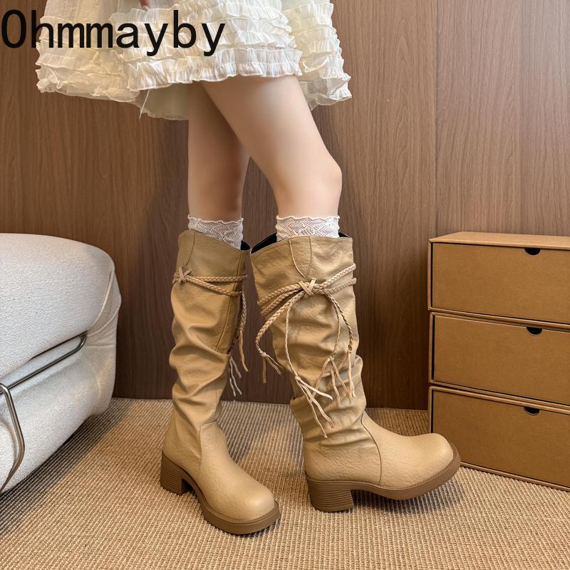 Vinter Vintage Tofs Dam Knähöga Stövlar Koncisa Fyrkantiga Klackar Skor Damer Plisserade Riddar Långa Stövletter