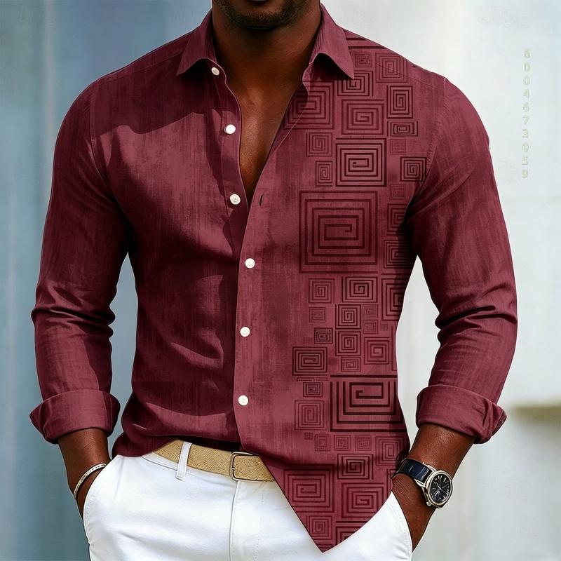Herrenhemd mit geometrischem Musterdruck, Langarmhemd für Herren, Schwarzes Slim Fit Hemd, Modisches Design, Herrenbekleidung