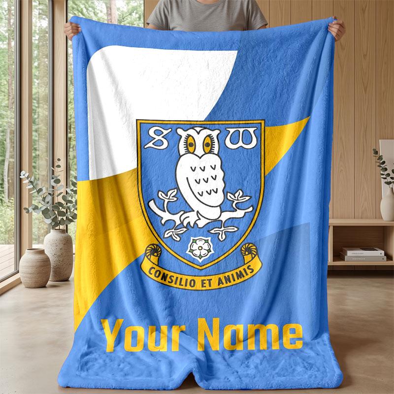 Sheffield Wednesday FC Custom Name Text Flannel Blanket Soccer Logo Personalized Fleece Throw Blanket Special Gift For Sofa Bedroom Home