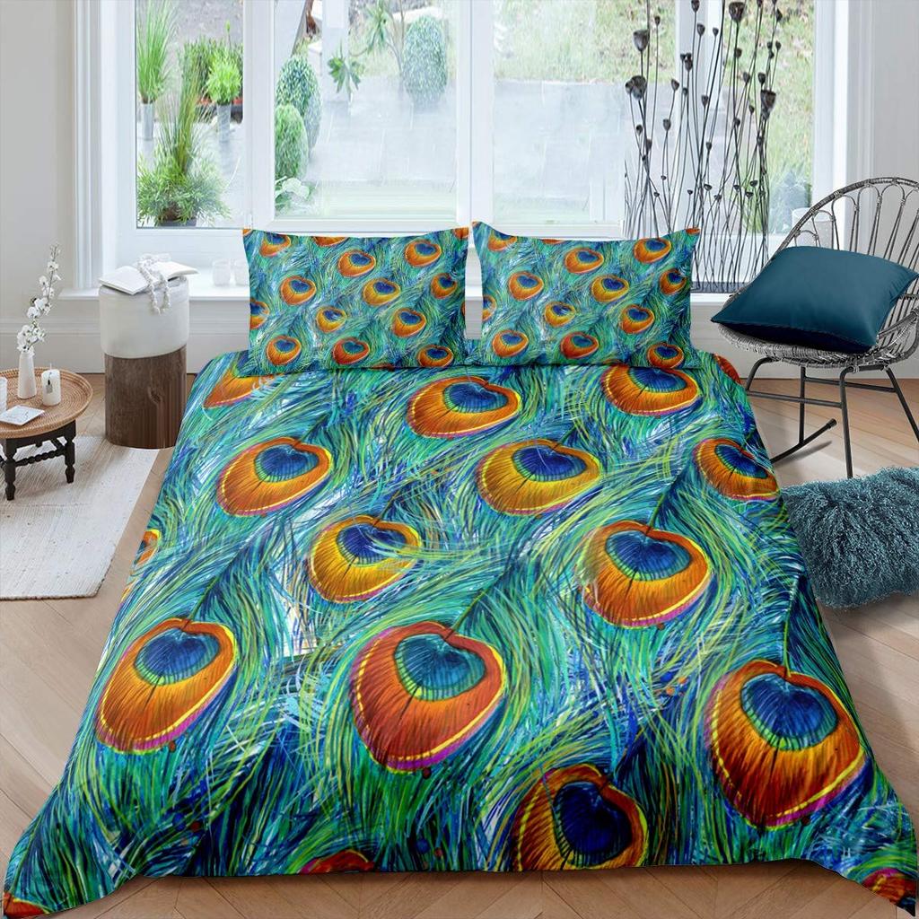 Peacock Feather Print Duvet Cover Bird Feathers Element Bedding Set Ultra Psychedelic Swirl Comforter Cover Colorful Bedclothes