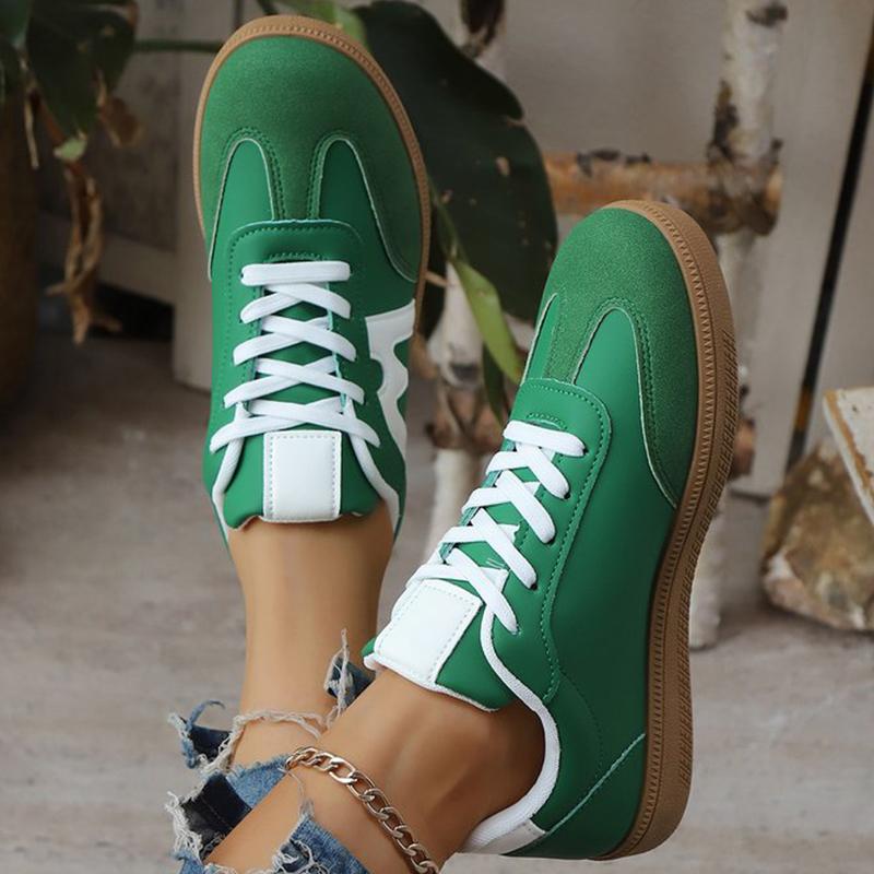Fashion Spring Autumn Green Lace Up Sneakers Women Fashion Faux Suede Round Toe Sports Shoes Woman Sewing Striped Flats Shoes Female