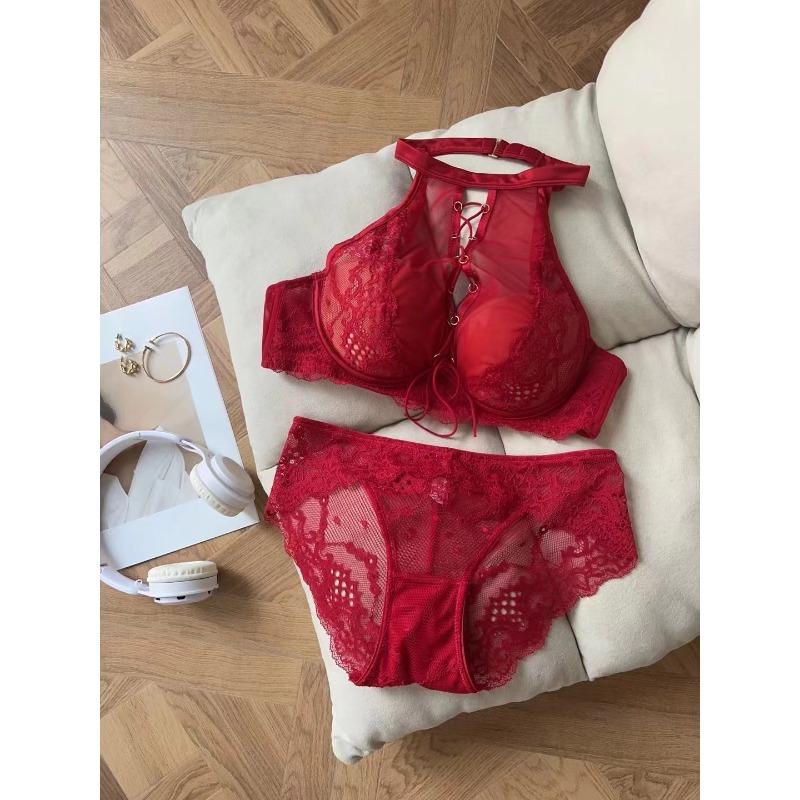 Naturalistic sexy suit transparent red neck lace straps hollowed out comfortable gathering upper support underwear seduction bra