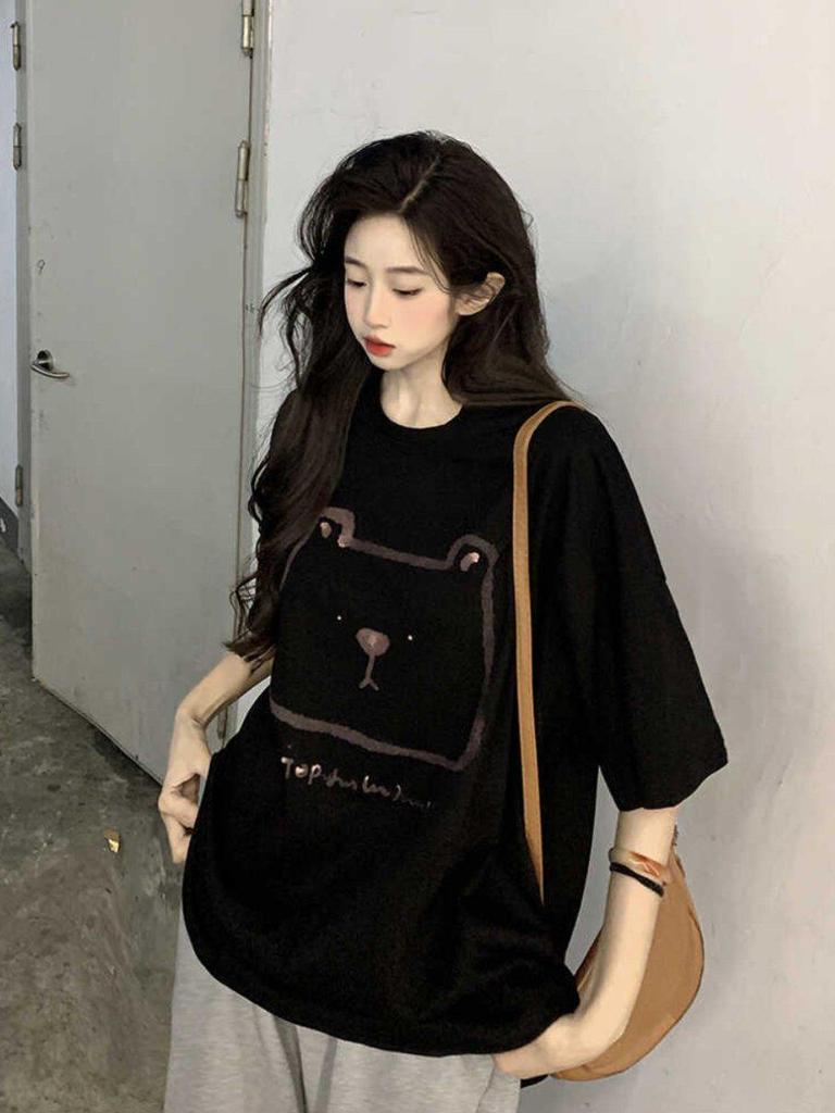 Plus Size Bear Print Mid-length Pure Cotton Short Sleeve T-shirt for Women