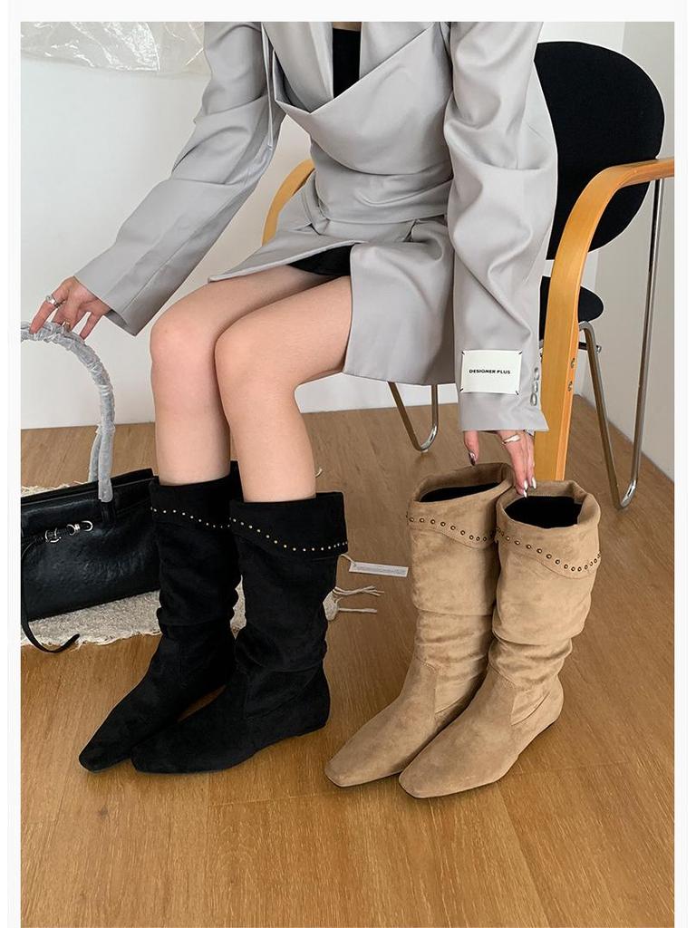 Lammleder Französische Nische Spitz Zehen Keilabsatz Slouch Cowboy Stiefel Damen 2025 Hohe Stiefeletten